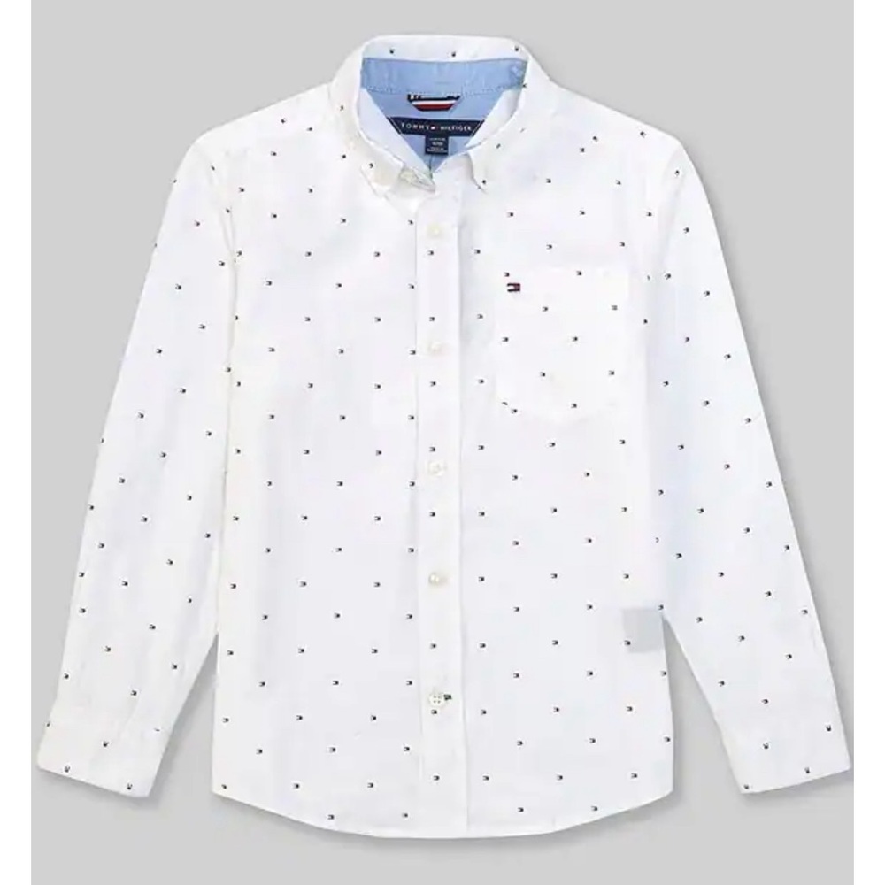boys white long sleeve cotton shirt with small flag imprint all over the shirt